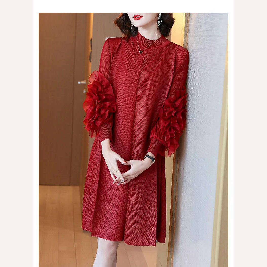 KIMLUD, Elegant Vintage Style DEAT Woman Pleated Midi Dress with Ruffles Mesh Long Sleeve Half Turtleneck for Early Autumn Fashion, KIMLUD Womens Clothes