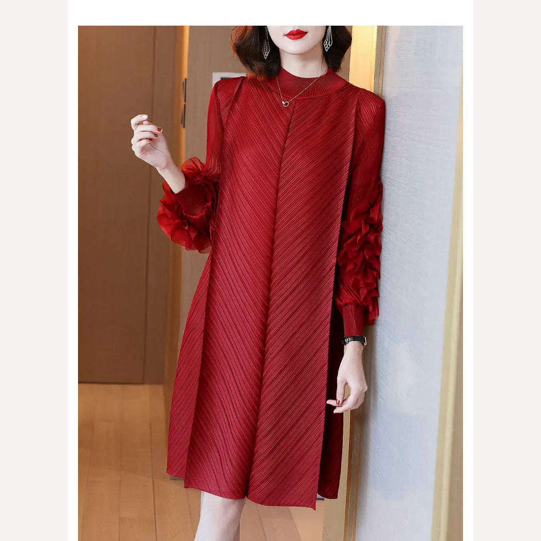 KIMLUD, Elegant Vintage Style DEAT Woman Pleated Midi Dress with Ruffles Mesh Long Sleeve Half Turtleneck for Early Autumn Fashion, One Size / Wine Red Dress, KIMLUD APPAREL - Womens Clothes