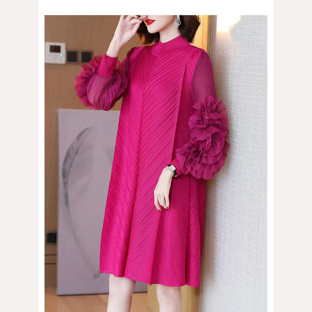 KIMLUD, Elegant Vintage Style DEAT Woman Pleated Midi Dress with Ruffles Mesh Long Sleeve Half Turtleneck for Early Autumn Fashion, One Size / Rose Red Dress, KIMLUD APPAREL - Womens Clothes