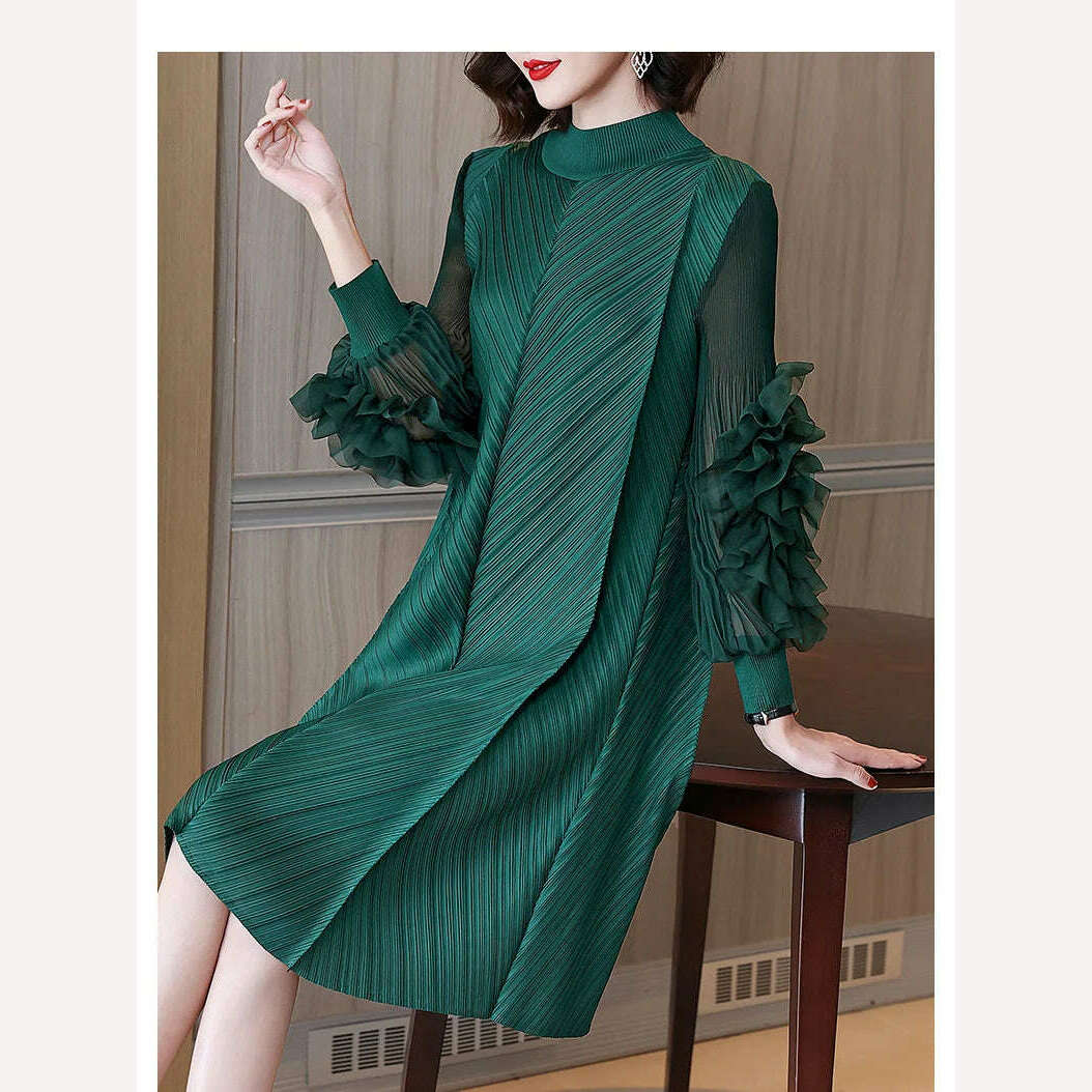 KIMLUD, Elegant Vintage Style DEAT Woman Pleated Midi Dress with Ruffles Mesh Long Sleeve Half Turtleneck for Early Autumn Fashion, KIMLUD Womens Clothes