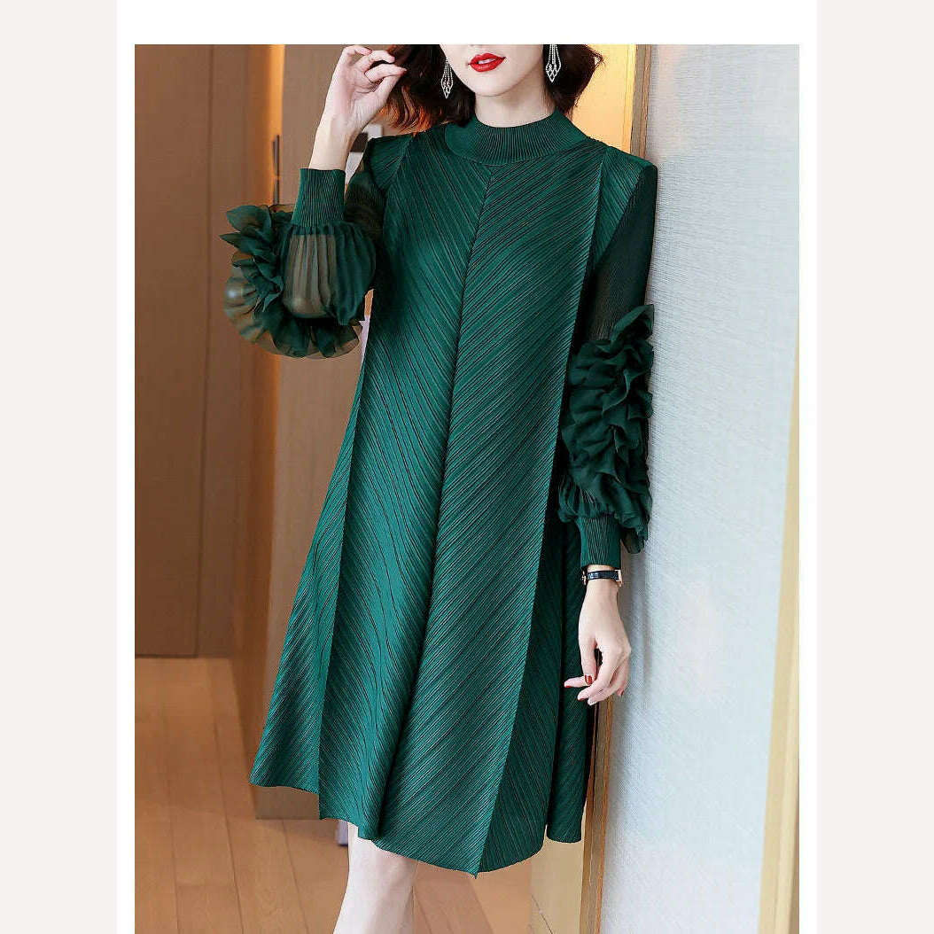 KIMLUD, Elegant Vintage Style DEAT Woman Pleated Midi Dress with Ruffles Mesh Long Sleeve Half Turtleneck for Early Autumn Fashion, One Size / Green Dress, KIMLUD APPAREL - Womens Clothes