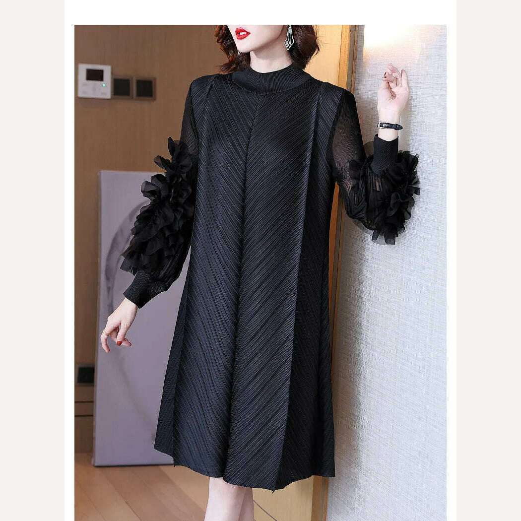 KIMLUD, Elegant Vintage Style DEAT Woman Pleated Midi Dress with Ruffles Mesh Long Sleeve Half Turtleneck for Early Autumn Fashion, One Size / Black Dress, KIMLUD APPAREL - Womens Clothes