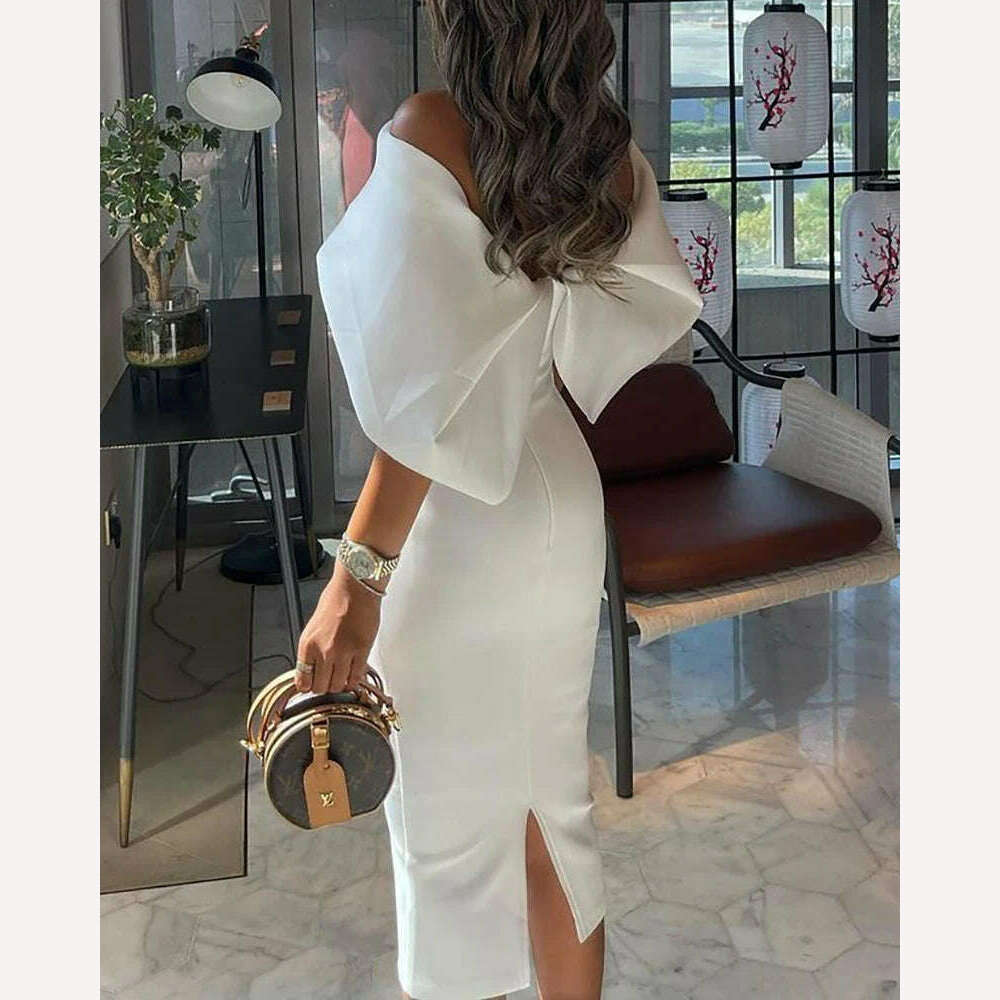 KIMLUD, Elegant White Dress Women Summer Off Shoulder Cape Design Splicing Skinny Dress Party Vestidos Woman Evening Party Dresses White, KIMLUD Womens Clothes