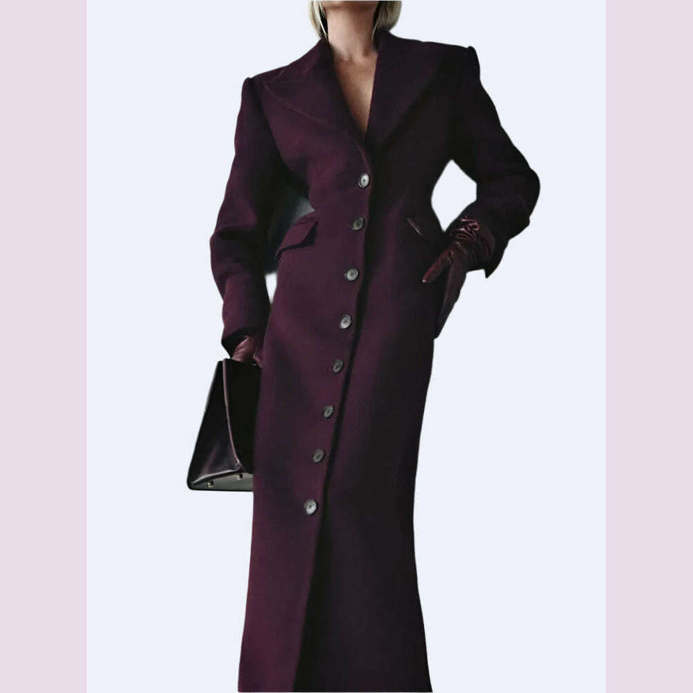 KIMLUD, Elegant Wine Red Waist Up Wool Blend Long Jacket Women Chic Lapel Collar Single Breast Overcoat 2025 Autumn Lady High Streetwear, KIMLUD Womens Clothes