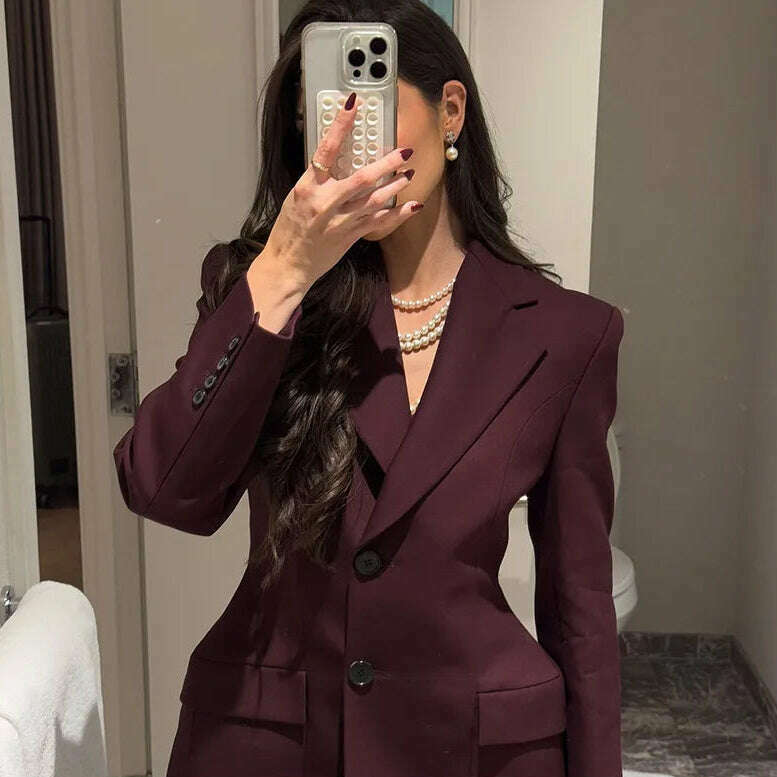 KIMLUD, Elegant Wine Red Waist Up Wool Blend Long Jacket Women Chic Lapel Collar Single Breast Overcoat 2025 Autumn Lady High Streetwear, KIMLUD Womens Clothes