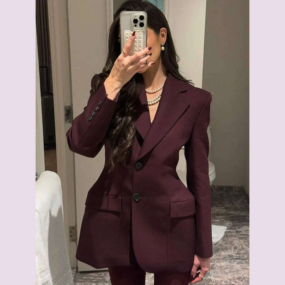 KIMLUD, Elegant Wine Red Waist Up Wool Blend Long Jacket Women Chic Lapel Collar Single Breast Overcoat 2025 Autumn Lady High Streetwear, dark red / L, KIMLUD APPAREL - Womens Clothes