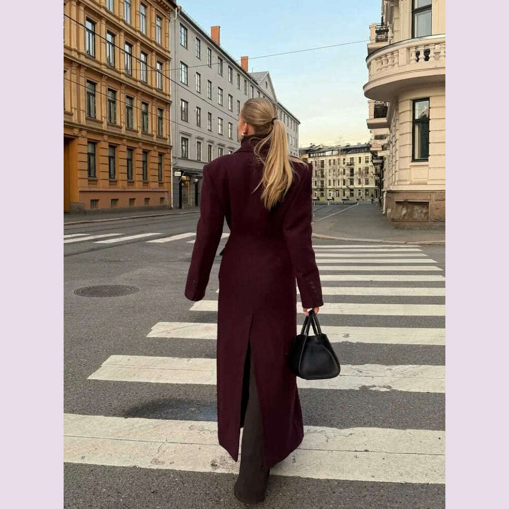 KIMLUD, Elegant Wine Red Waist Up Wool Blend Long Jacket Women Chic Lapel Collar Single Breast Overcoat 2025 Autumn Lady High Streetwear, KIMLUD Womens Clothes