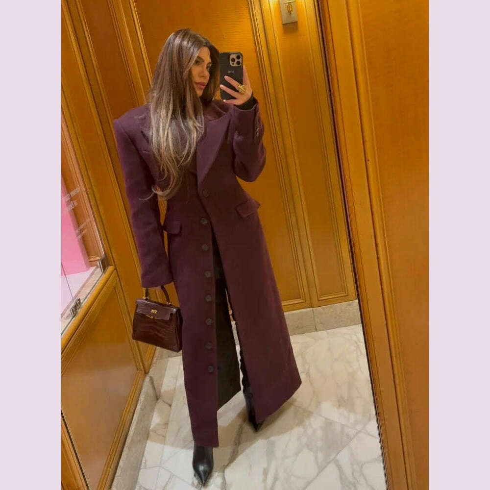 KIMLUD, Elegant Wine Red Waist Up Wool Blend Long Jacket Women Chic Lapel Collar Single Breast Overcoat 2025 Autumn Lady High Streetwear, KIMLUD Womens Clothes