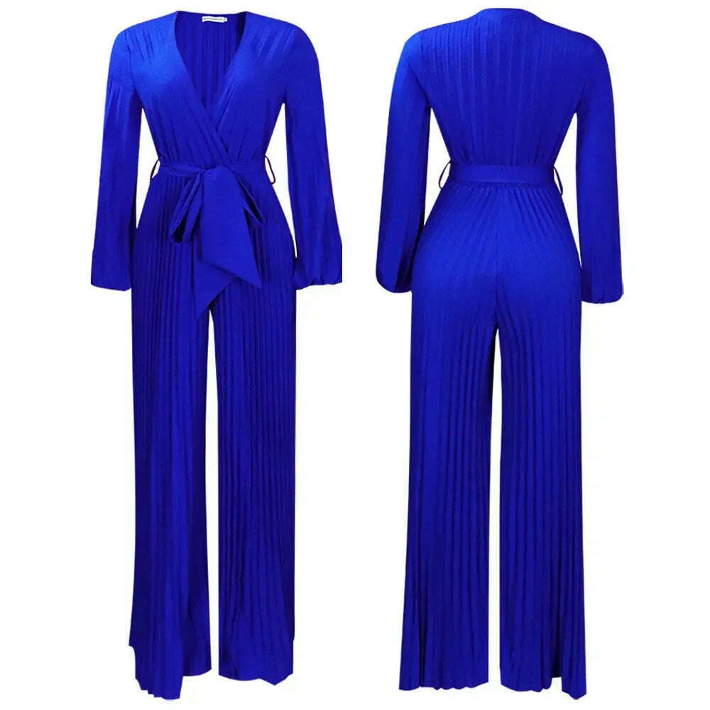 KIMLUD, Elegant Women Jumpsuit Autumn Sexy V Neck Long Sleeves Pleats Wide Leg Pants with Sash Casual Party Bodysuit Wholesale, Blue / XXXL, KIMLUD APPAREL - Womens Clothes