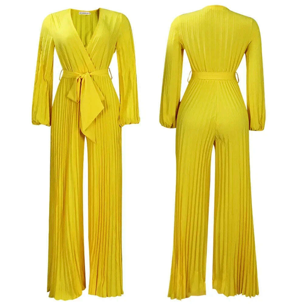 KIMLUD, Elegant Women Jumpsuit Autumn Sexy V Neck Long Sleeves Pleats Wide Leg Pants with Sash Casual Party Bodysuit Wholesale, Yellow / M, KIMLUD APPAREL - Womens Clothes