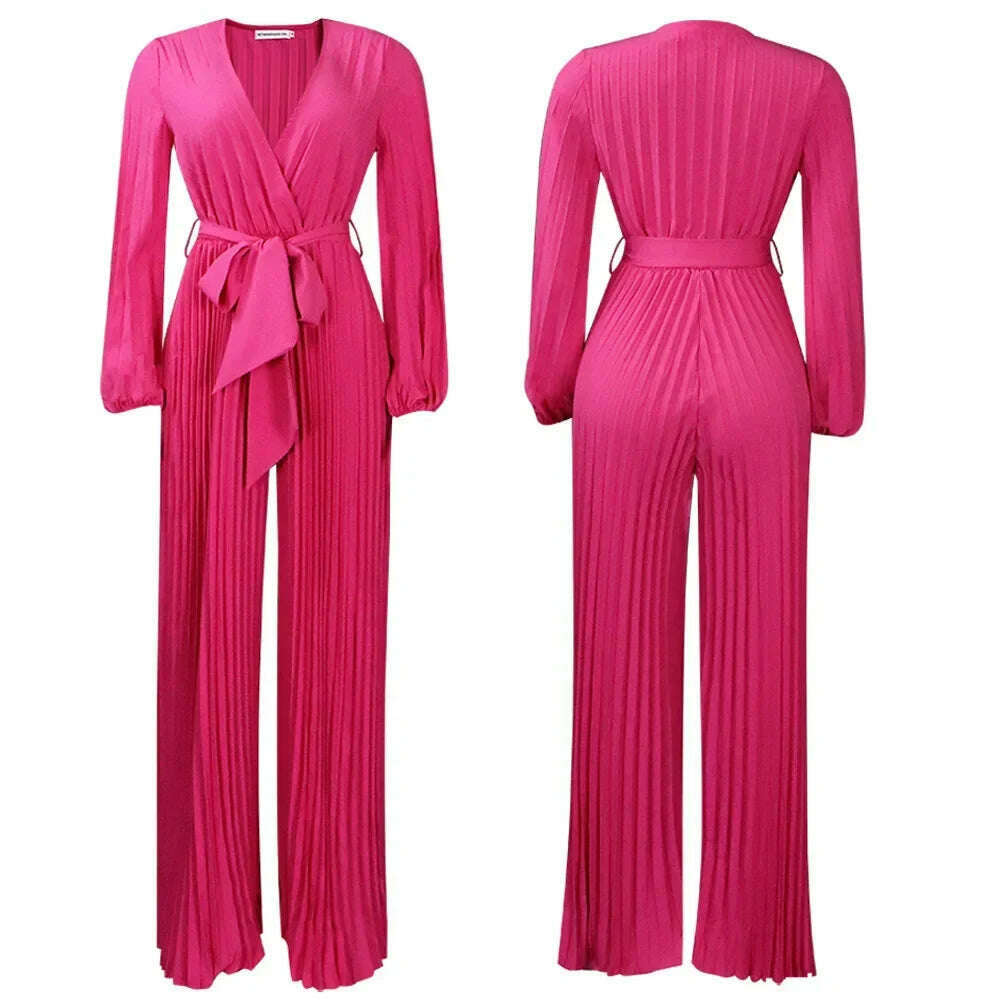 KIMLUD, Elegant Women Jumpsuit Autumn Sexy V Neck Long Sleeves Pleats Wide Leg Pants with Sash Casual Party Bodysuit Wholesale, rose red / XXXL, KIMLUD APPAREL - Womens Clothes