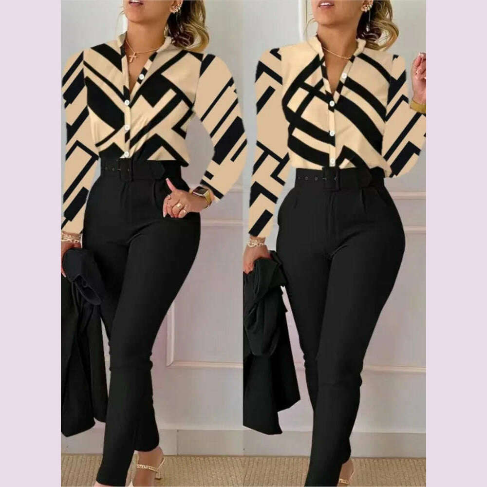 Elegant Women Printed Two Piece Suit Sets Autumn Winter V Neck Long Sleeve Shirt Top & Long Pants Set With Belt Workwear Outfits - KIMLUD