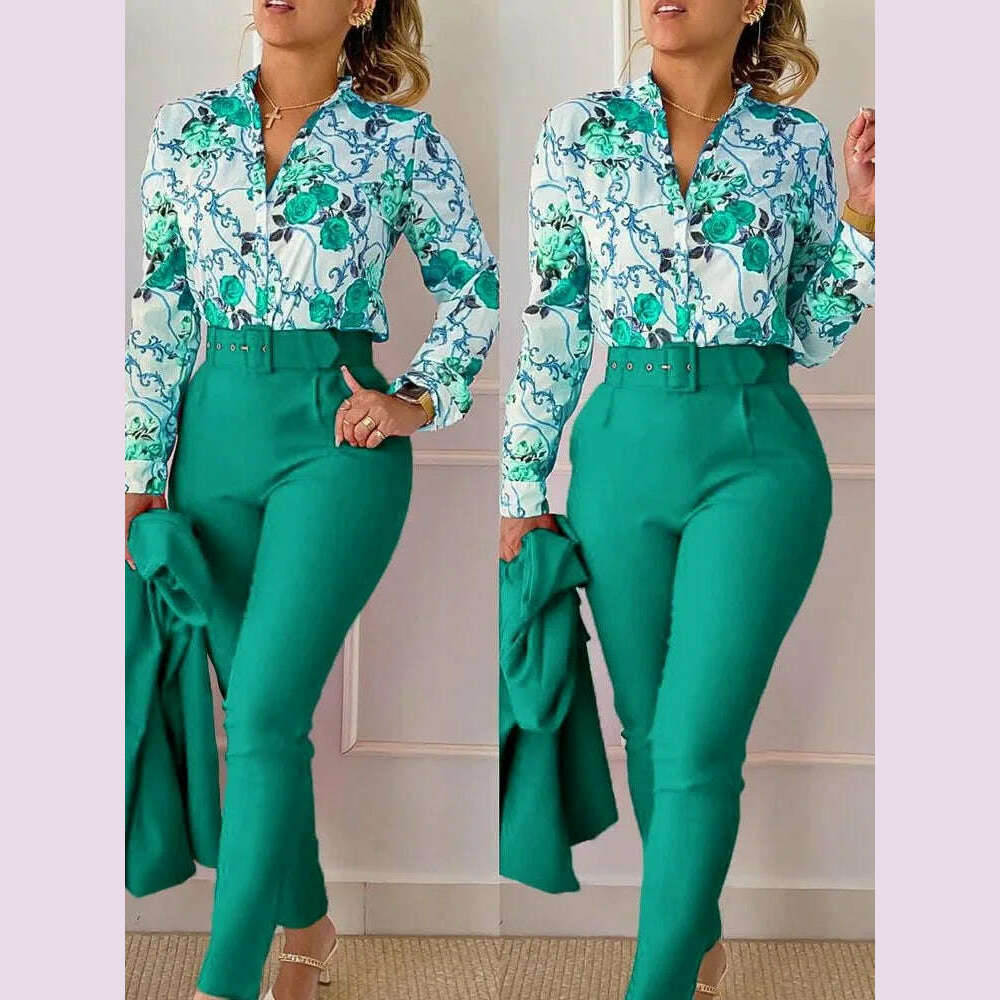 KIMLUD, Elegant Women Printed Two Piece Suit Sets Autumn Winter V Neck Long Sleeve Shirt Top & Long Pants Set With Belt Workwear Outfits, KIMLUD Womens Clothes