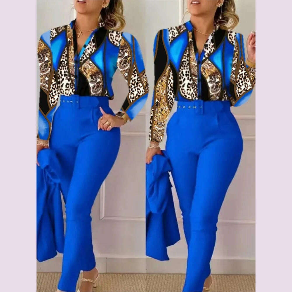 Elegant Women Printed Two Piece Suit Sets Autumn Winter V Neck Long Sleeve Shirt Top & Long Pants Set With Belt Workwear Outfits - KIMLUD