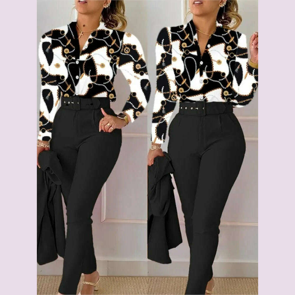 Elegant Women Printed Two Piece Suit Sets Autumn Winter V Neck Long Sleeve Shirt Top & Long Pants Set With Belt Workwear Outfits - KIMLUD