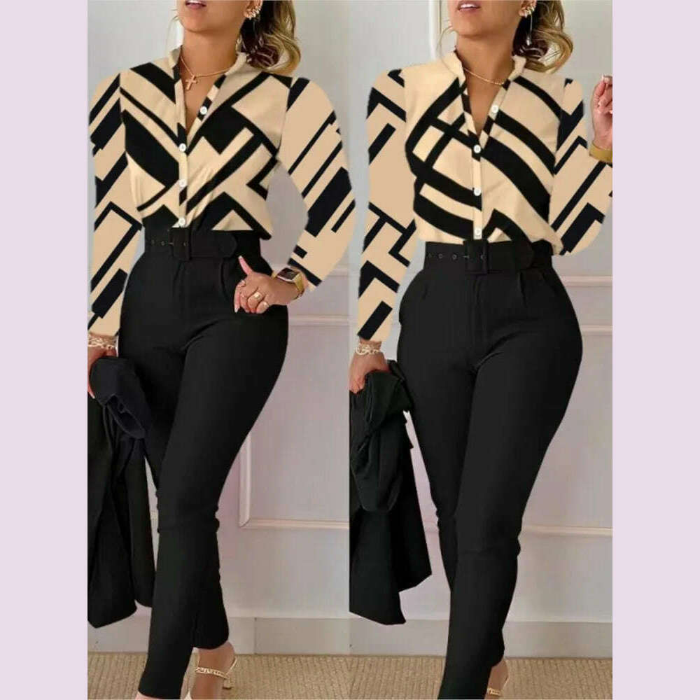 KIMLUD, Elegant Women Printed Two Piece Suit Sets Autumn Winter V Neck Long Sleeve Shirt Top & Long Pants Set With Belt Workwear Outfits, Beige / M / CHINA, KIMLUD APPAREL - Womens Clothes