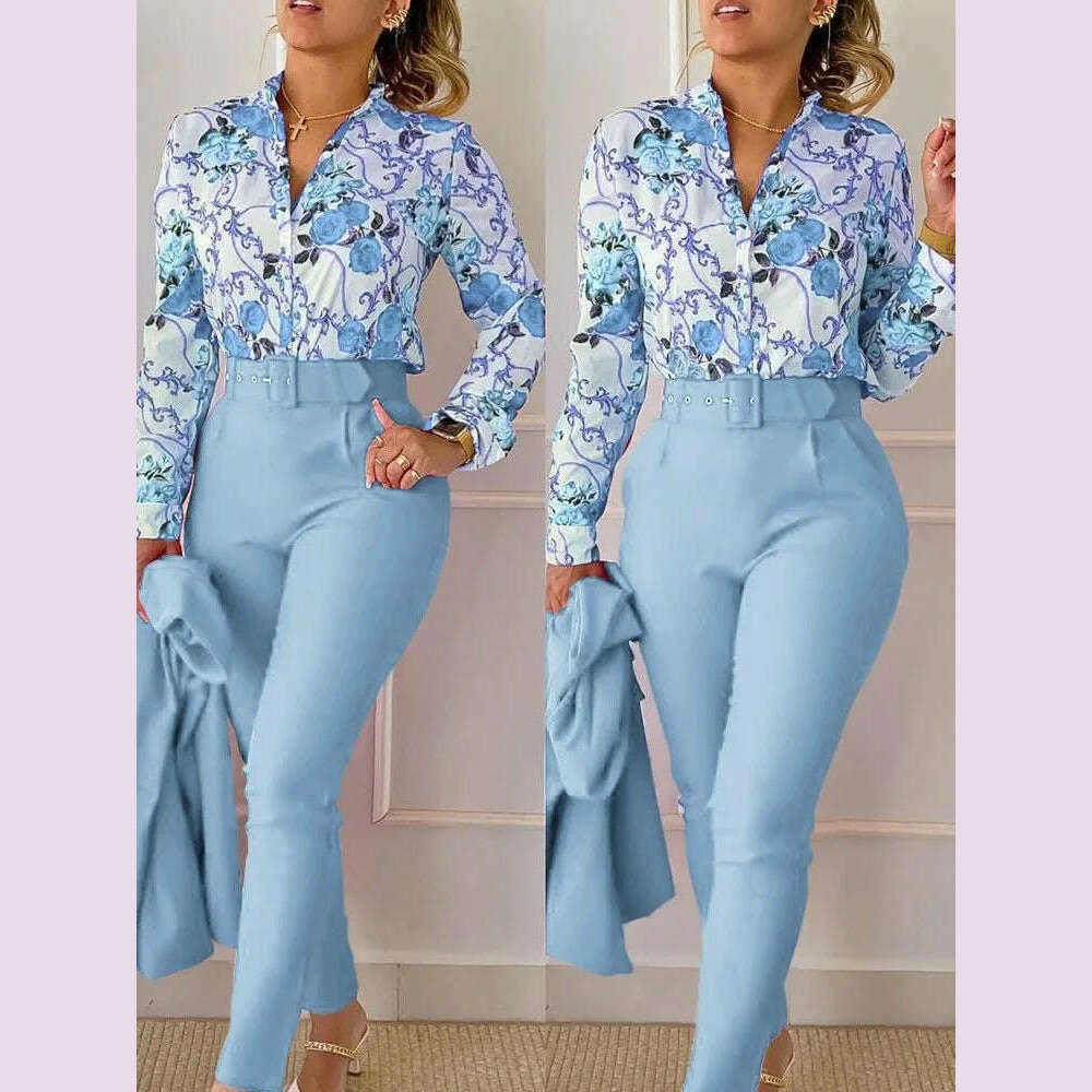 Elegant Women Printed Two Piece Suit Sets Autumn Winter V Neck Long Sleeve Shirt Top & Long Pants Set With Belt Workwear Outfits - KIMLUD