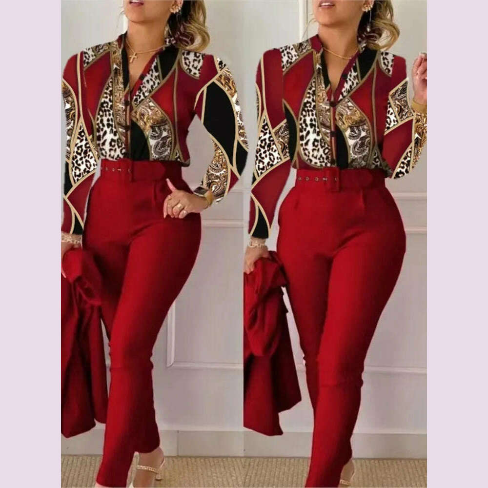 Elegant Women Printed Two Piece Suit Sets Autumn Winter V Neck Long Sleeve Shirt Top & Long Pants Set With Belt Workwear Outfits - KIMLUD