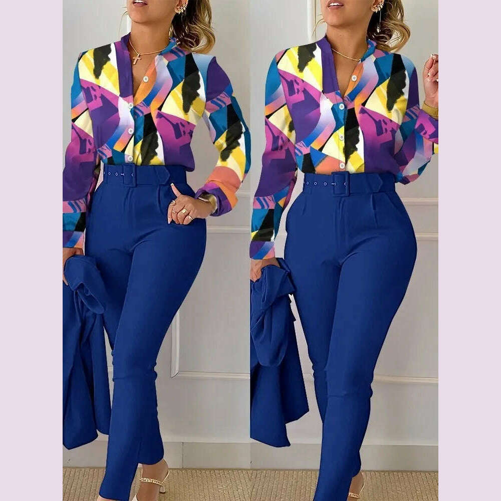 Elegant Women Printed Two Piece Suit Sets Autumn Winter V Neck Long Sleeve Shirt Top & Long Pants Set With Belt Workwear Outfits - KIMLUD