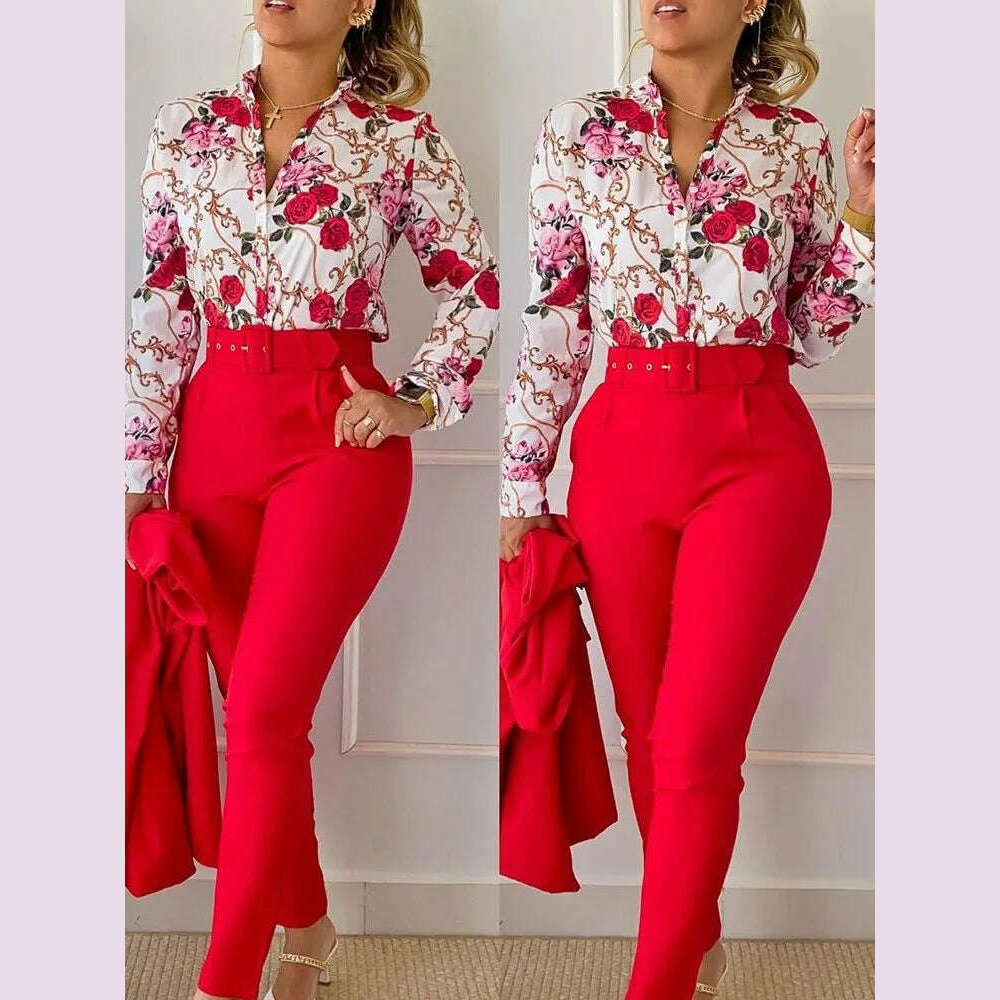 Elegant Women Printed Two Piece Suit Sets Autumn Winter V Neck Long Sleeve Shirt Top & Long Pants Set With Belt Workwear Outfits - KIMLUD