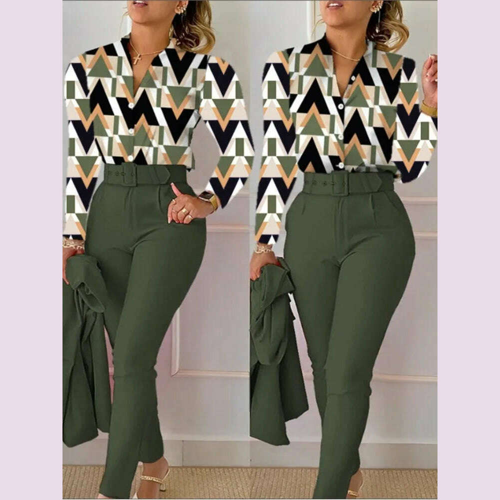 Elegant Women Printed Two Piece Suit Sets Autumn Winter V Neck Long Sleeve Shirt Top & Long Pants Set With Belt Workwear Outfits - KIMLUD