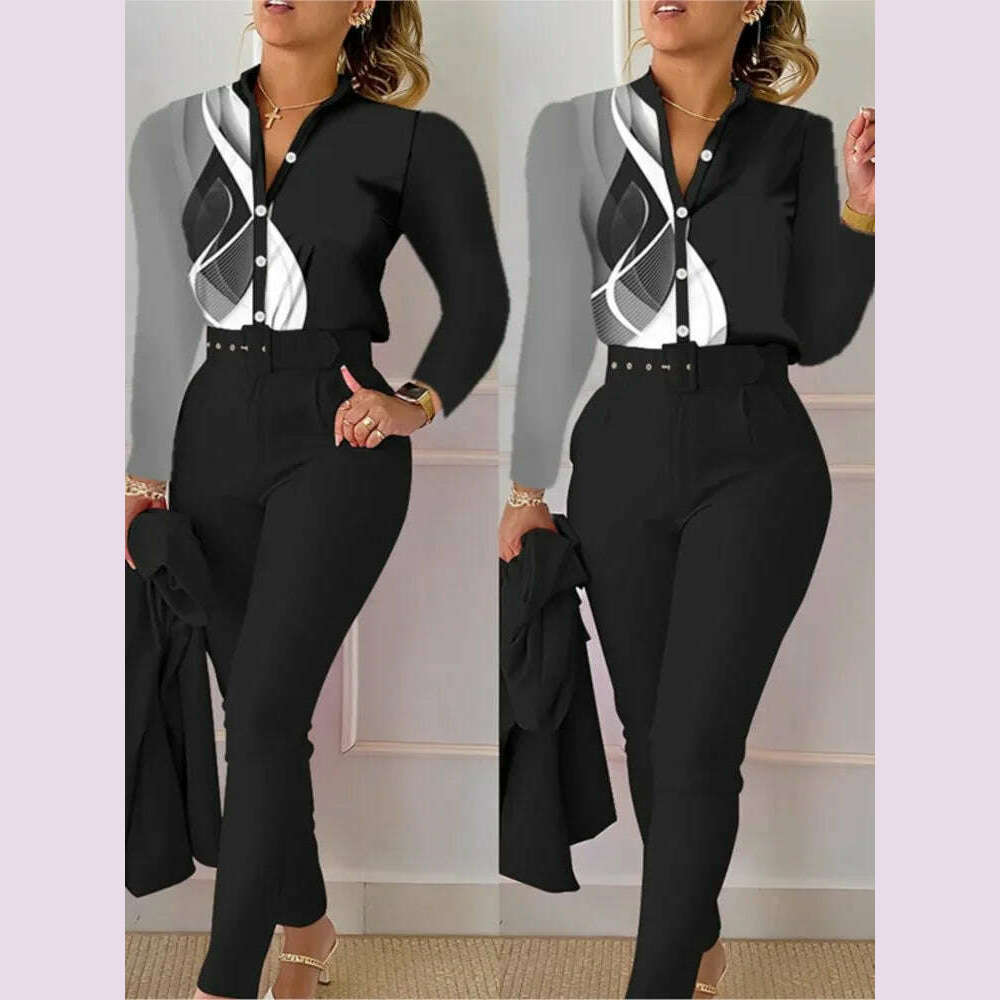 Elegant Women Printed Two Piece Suit Sets Autumn Winter V Neck Long Sleeve Shirt Top & Long Pants Set With Belt Workwear Outfits - KIMLUD