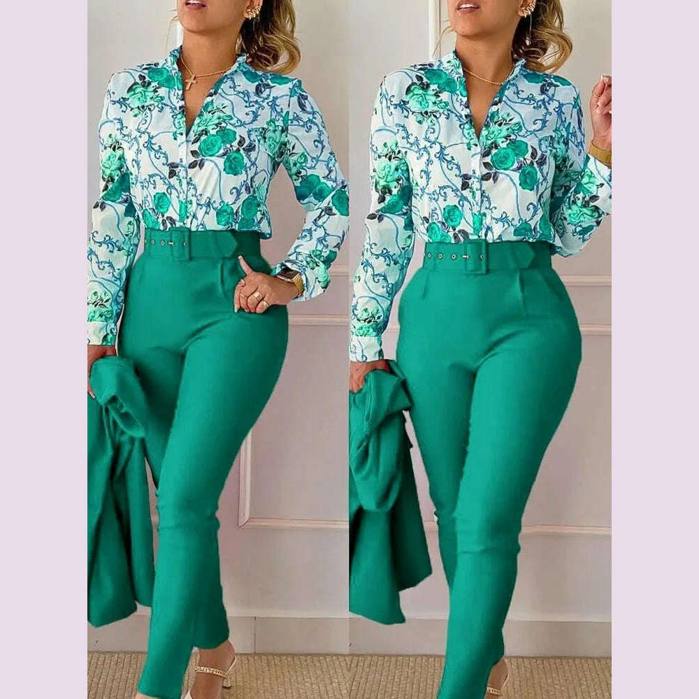 KIMLUD, Elegant Women Printed Two Piece Suit Sets Spring Autumn V Neck Long Sleeve Shirt Top & Long Pants Set With Belt Workwear Outfits, Light Green / S / CHINA, KIMLUD APPAREL - Womens Clothes