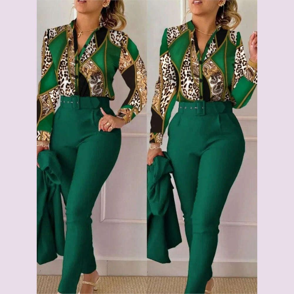 Elegant Women Printed Two Piece Suit Sets Spring Autumn V Neck Long Sleeve Shirt Top & Long Pants Set With Belt Workwear Outfits - KIMLUD