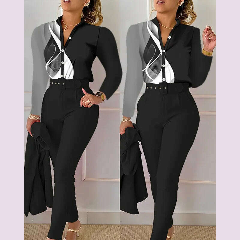 Elegant Women Shirt Two Piece Set Suits Fall New Fashion Print Long Sleeve Top Black Pants Set With Belt Blouses Female Clothing - KIMLUD