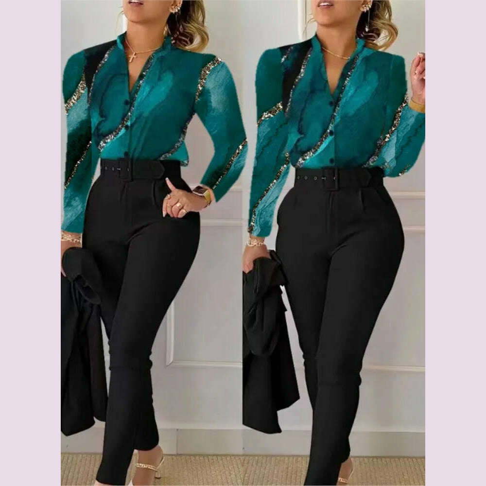 KIMLUD, Elegant Women Shirt Two Piece Set Suits Fall New Fashion Print Long Sleeve Top Black Pants Set With Belt Blouses Female Clothing, Emerald Green / S, KIMLUD APPAREL - Womens Clothes