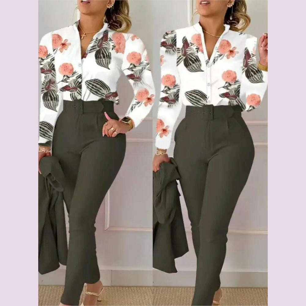 KIMLUD, Elegant Women Shirt Two Piece Set Suits Fall New Fashion Print Long Sleeve Top Black Pants Set With Belt Blouses Female Clothing, KIMLUD Womens Clothes