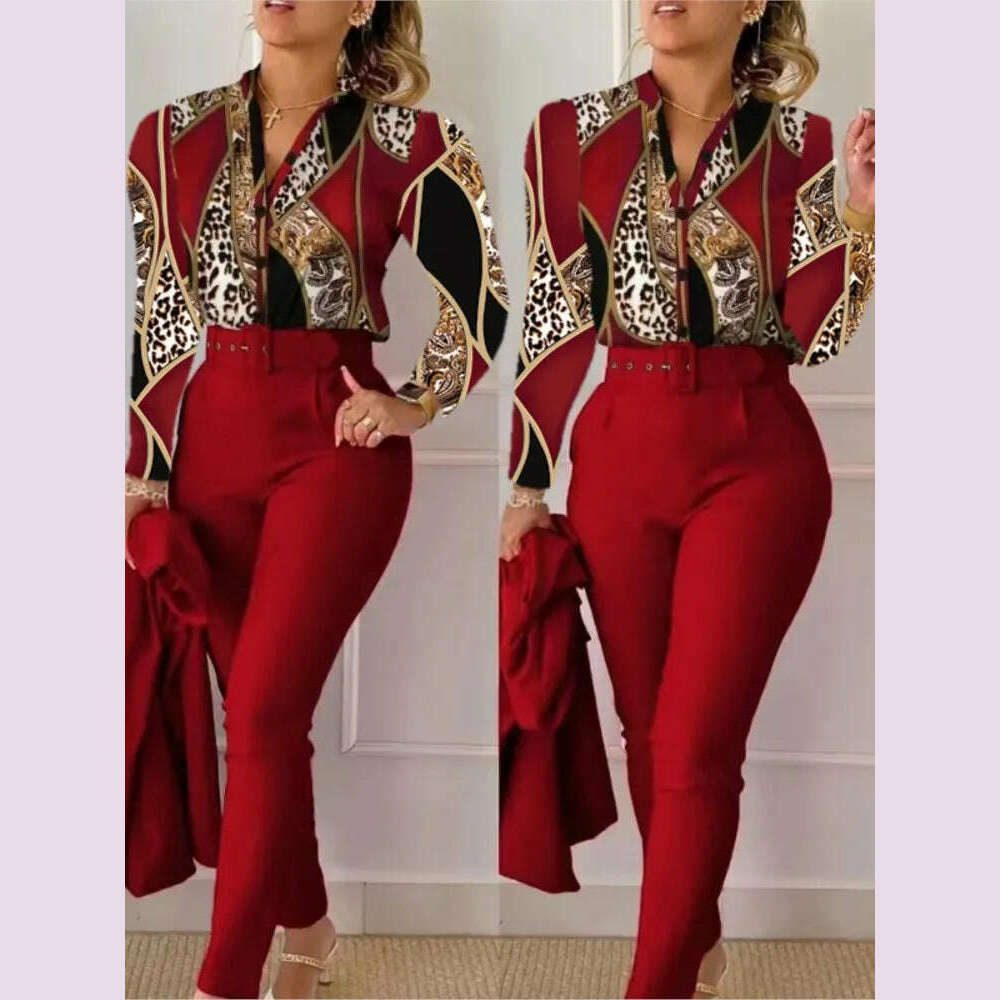 KIMLUD, Elegant Women Shirt Two Piece Set Suits Fall New Fashion Print Long Sleeve Top Black Pants Set With Belt Blouses Female Clothing, Claret / S, KIMLUD APPAREL - Womens Clothes