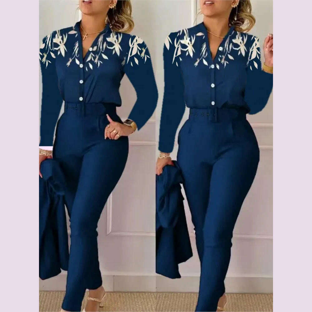 KIMLUD, Elegant Women Shirt Two Piece Set Suits Fall New Fashion Print Long Sleeve Top Black Pants Set With Belt Blouses Female Clothing, Light  Blue / XXL, KIMLUD APPAREL - Womens Clothes