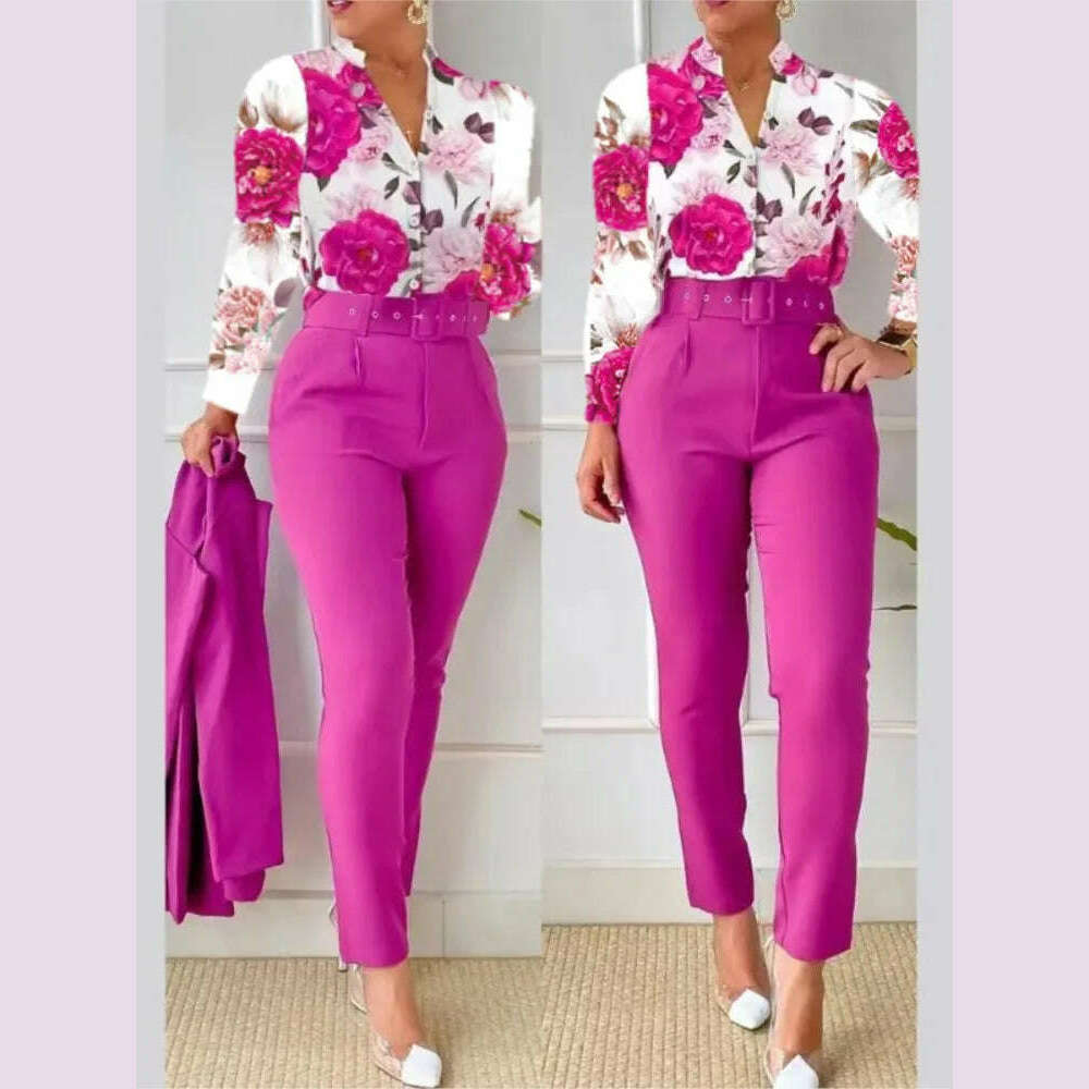 KIMLUD, Elegant Women Shirt Two Piece Set Suits Fall New Fashion Print Long Sleeve Top Black Pants Set With Belt Blouses Female Clothing, Fuchsia / L, KIMLUD APPAREL - Womens Clothes