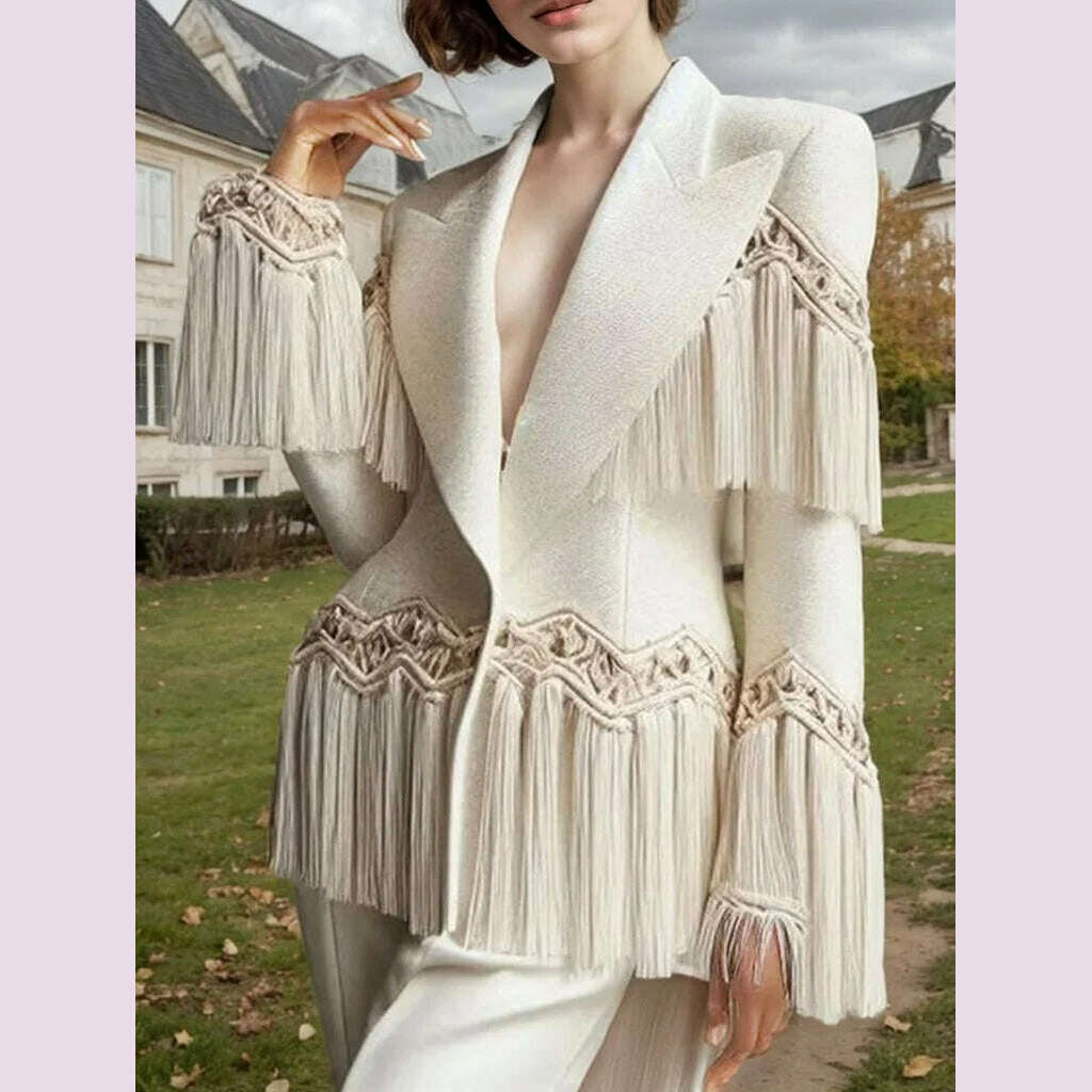 KIMLUD, Elegant Women Tassels Blazer Tailored Coat Peaked Lapel Hollow Out Chic Ethnic Casual Vintage Single Button Jacket Outerwear, KIMLUD Womens Clothes
