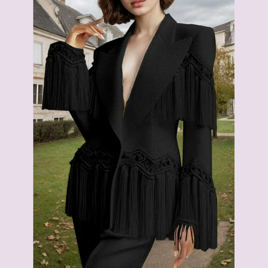 KIMLUD, Elegant Women Tassels Blazer Tailored Coat Peaked Lapel Hollow Out Chic Ethnic Casual Vintage Single Button Jacket Outerwear, KIMLUD Womens Clothes