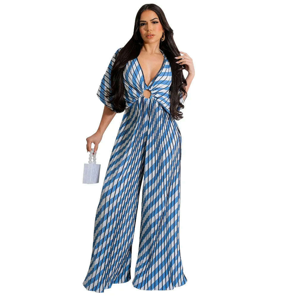 KIMLUD, Elegant Women's Printed Pleated Jumpsuit Summer Sexy V-neck Short Sleeve Print High Waist Wide-leg Pants Casual Loose Jumpsuit, Blue / M, KIMLUD APPAREL - Womens Clothes