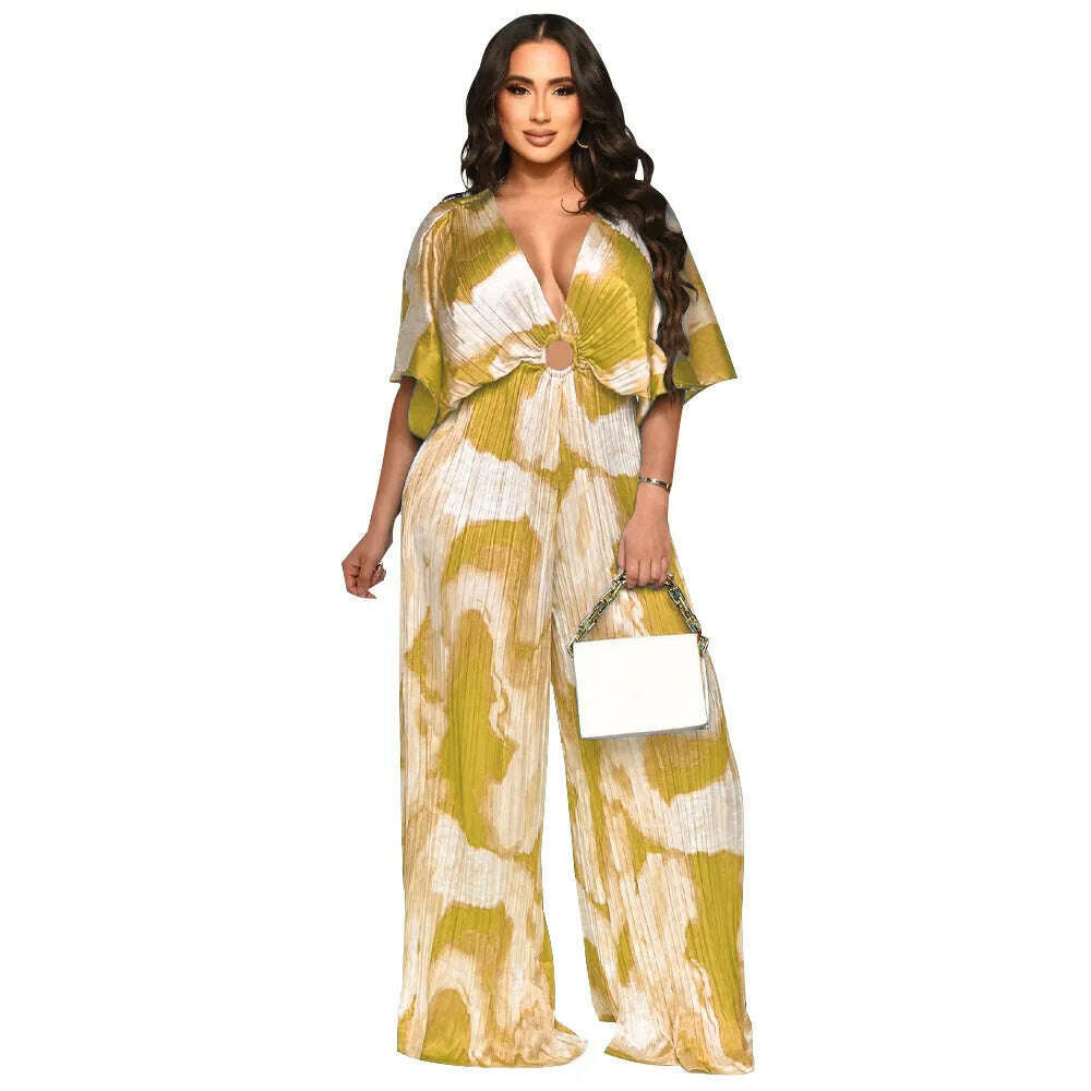 Elegant Women's Printed Pleated Jumpsuit Summer Sexy V-neck Short Sleeve Print High Waist Wide-leg Pants Casual Loose Jumpsuit - KIMLUD