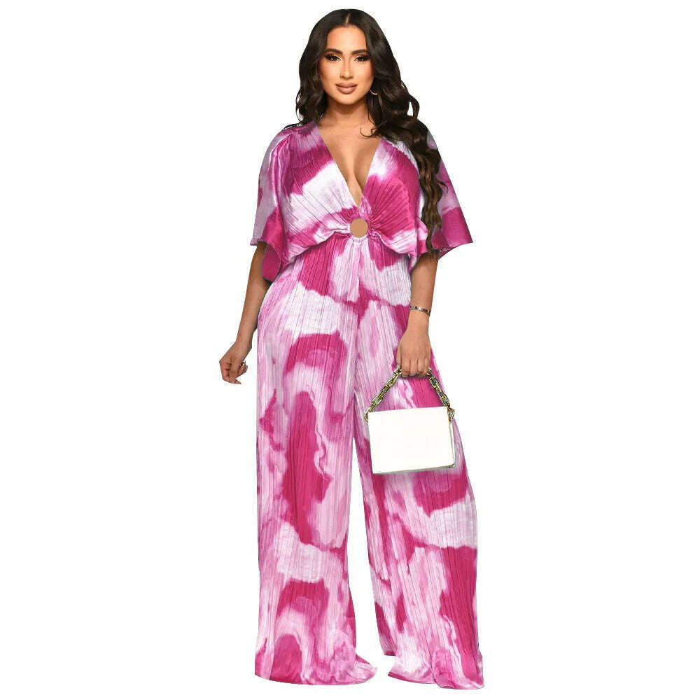 KIMLUD, Elegant Women's Printed Pleated Jumpsuit Summer Sexy V-neck Short Sleeve Print High Waist Wide-leg Pants Casual Loose Jumpsuit, RoseRedtie-dye / L, KIMLUD APPAREL - Womens Clothes