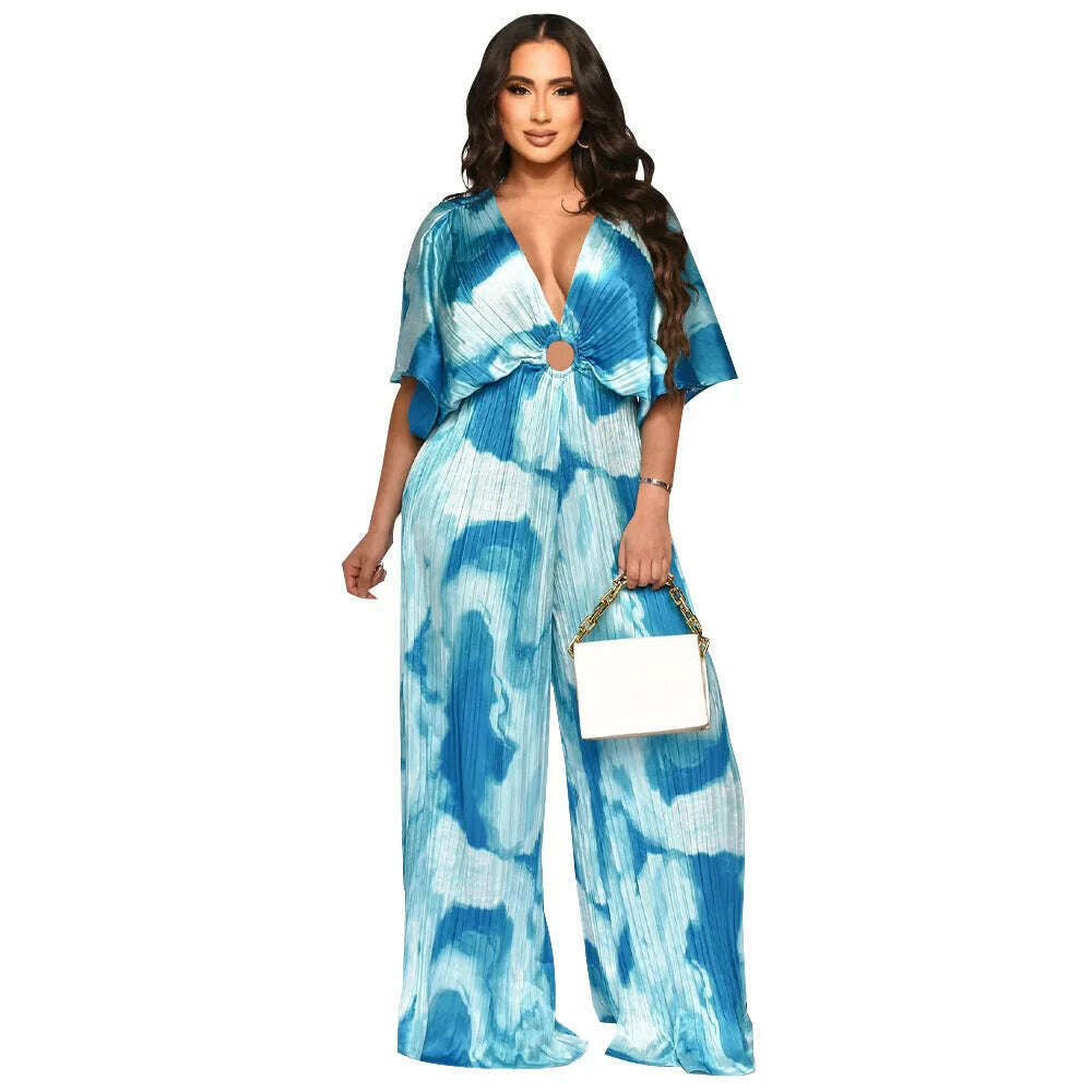 KIMLUD, Elegant Women's Printed Pleated Jumpsuit Summer Sexy V-neck Short Sleeve Print High Waist Wide-leg Pants Casual Loose Jumpsuit, bluetie-dye / XL, KIMLUD APPAREL - Womens Clothes