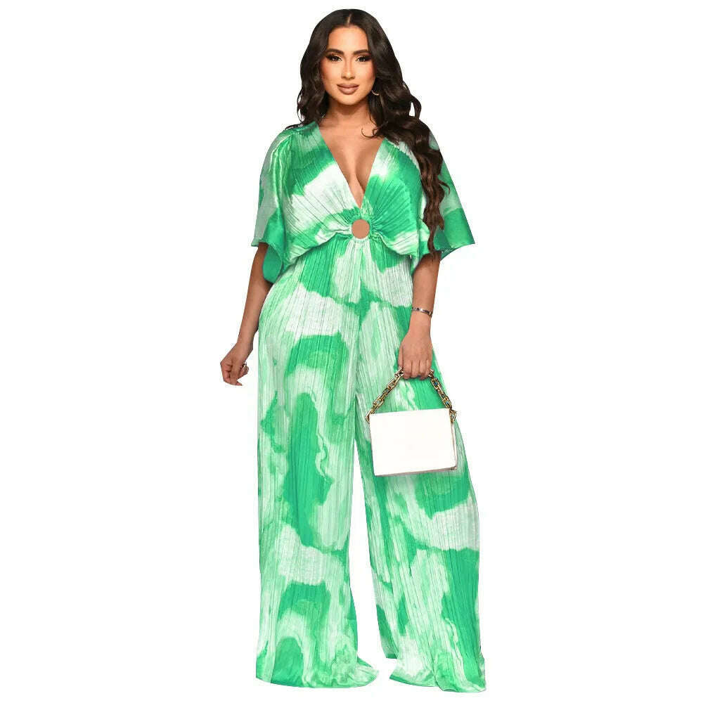 KIMLUD, Elegant Women's Printed Pleated Jumpsuit Summer Sexy V-neck Short Sleeve Print High Waist Wide-leg Pants Casual Loose Jumpsuit, Green / S, KIMLUD APPAREL - Womens Clothes