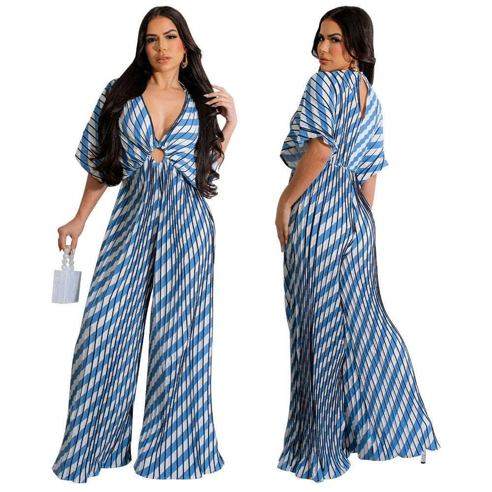 Elegant Women's Printed Pleated Jumpsuit Summer Sexy V-neck Short Sleeve Print High Waist Wide-leg Pants Casual Loose Jumpsuit - KIMLUD