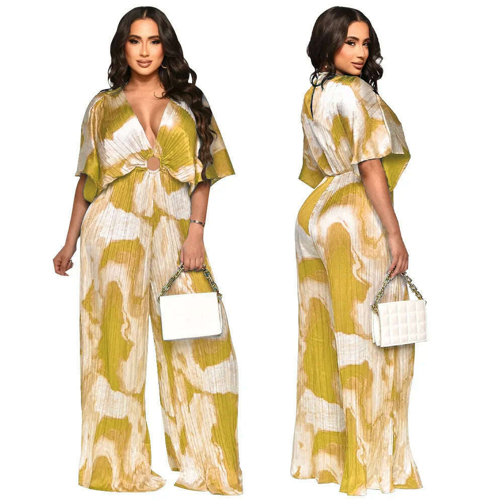 KIMLUD, Elegant Women's Printed Pleated Jumpsuit Summer Sexy V-neck Short Sleeve Print High Waist Wide-leg Pants Casual Loose Jumpsuit, KIMLUD Womens Clothes