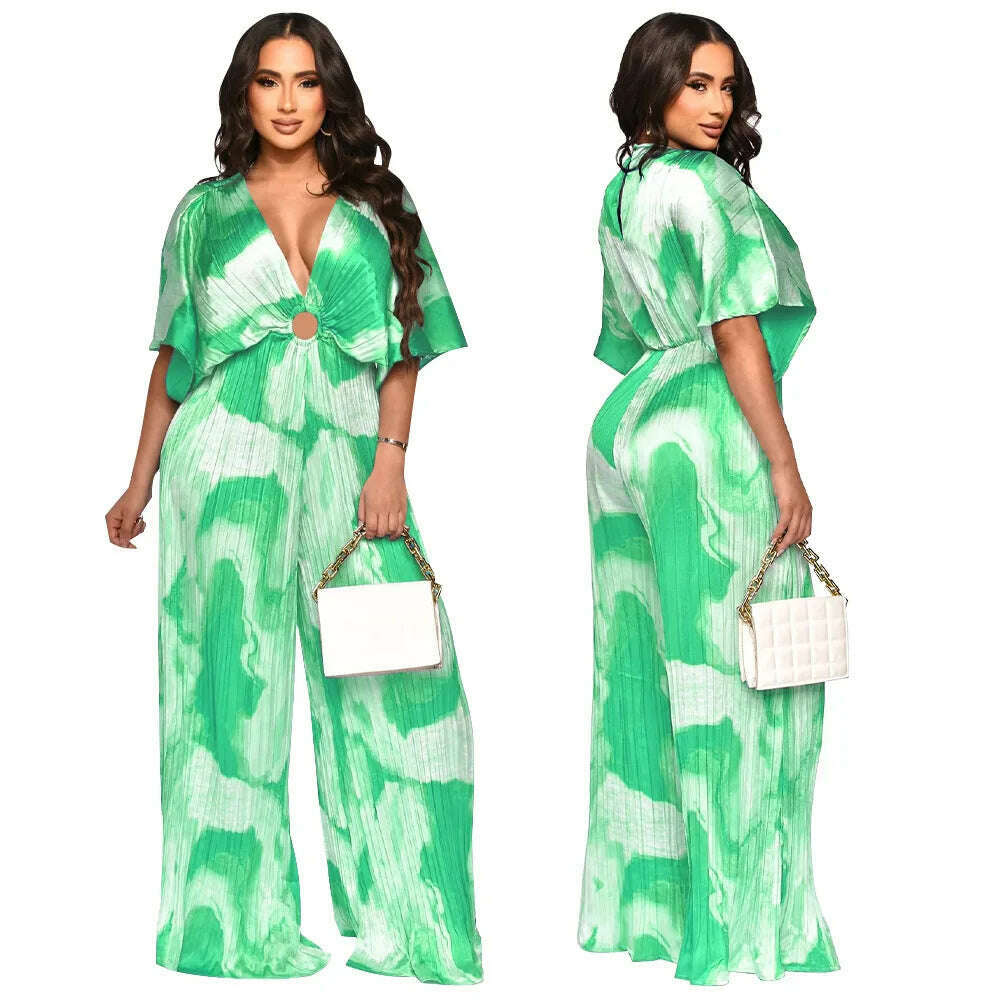 Elegant Women's Printed Pleated Jumpsuit Summer Sexy V-neck Short Sleeve Print High Waist Wide-leg Pants Casual Loose Jumpsuit - KIMLUD