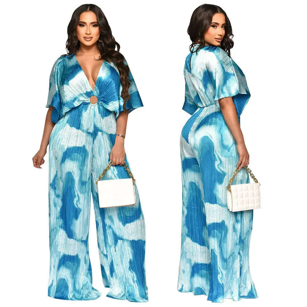 Elegant Women's Printed Pleated Jumpsuit Summer Sexy V-neck Short Sleeve Print High Waist Wide-leg Pants Casual Loose Jumpsuit - KIMLUD