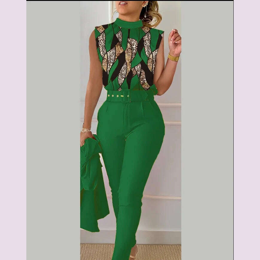 KIMLUD, Elegant Women's Two Piece Set Suits Fashion Printed Sleevelss Top black Pants Set With Belt Blouses 2 Piece Set Female Clothing, Green / S, KIMLUD APPAREL - Womens Clothes