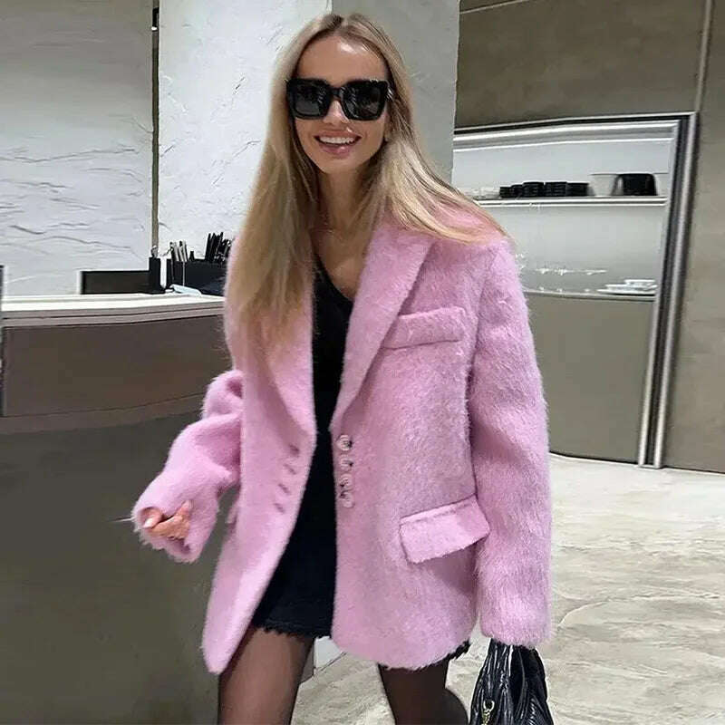 KIMLUD, Elegant Woolen Coat Women Pink Turndown Collar Long Sleeve Single Breasted Loose Coats Female 2023 Fashion Winter Lady Overcoat, Pink / S, KIMLUD APPAREL - Womens Clothes