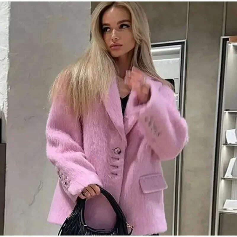 KIMLUD, Elegant Woolen Coat Women Pink Turndown Collar Long Sleeve Single Breasted Loose Coats Female 2023 Fashion Winter Lady Overcoat, KIMLUD Womens Clothes