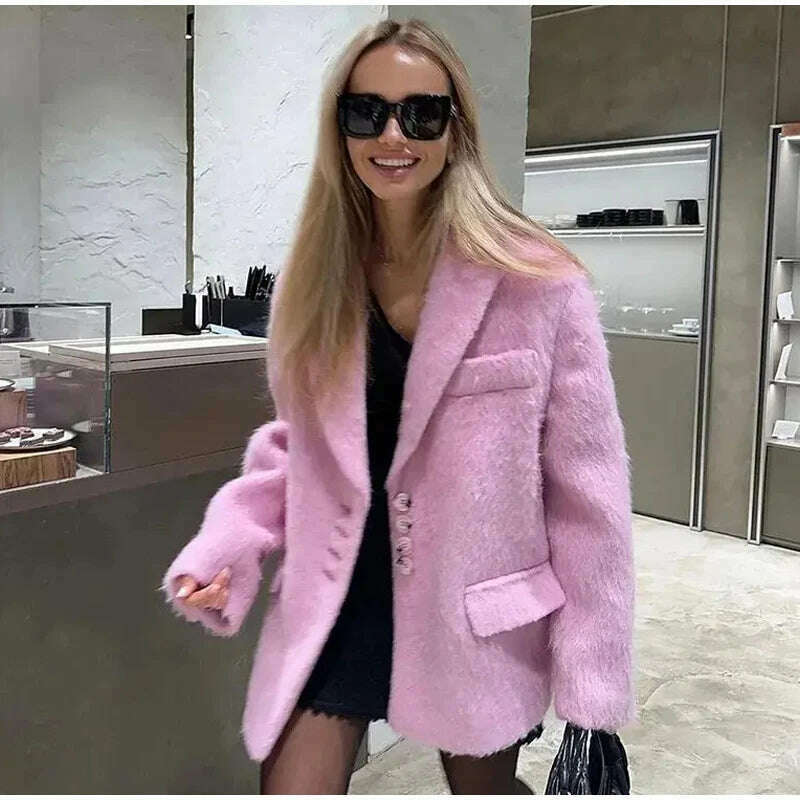 KIMLUD, Elegant Woolen Coat Women Pink Turndown Collar Long Sleeve Single Breasted Loose Coats Female 2023 Fashion Winter Lady Overcoat, KIMLUD Womens Clothes