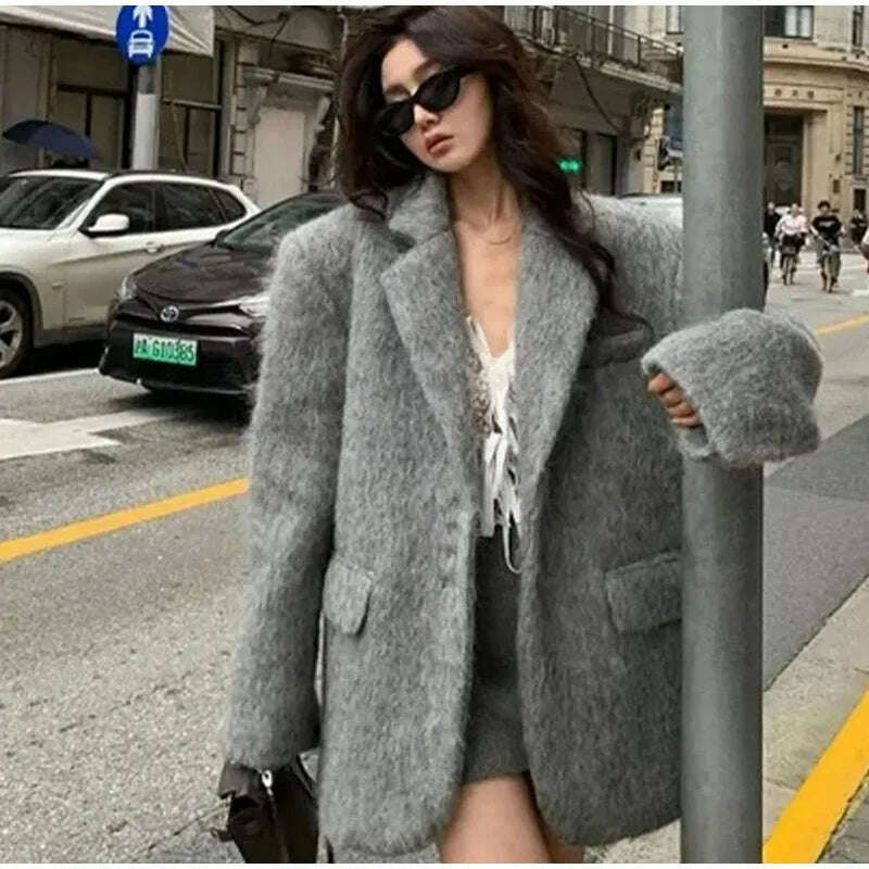 KIMLUD, Elegant Woolen Coat Women Pink Turndown Collar Long Sleeve Single Breasted Loose Coats Female 2023 Fashion Winter Lady Overcoat, KIMLUD Womens Clothes